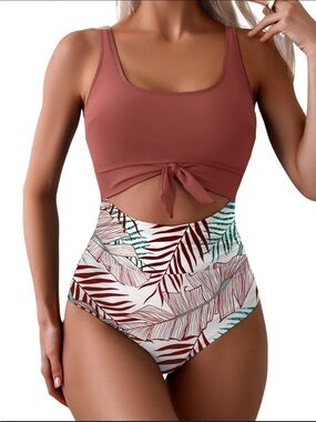 Rust Top & Tropical Print One-Piece Swim Set